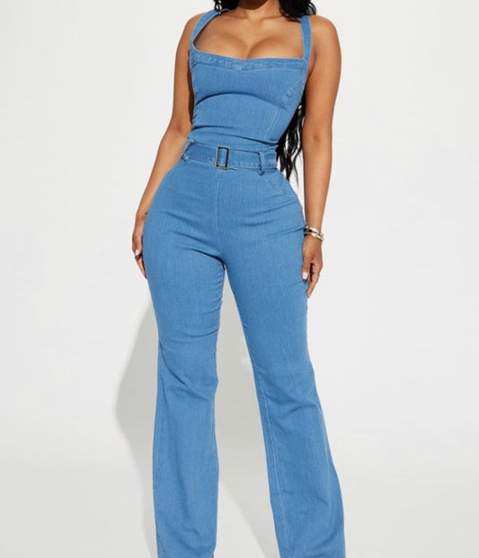 Flare Hem Denim Jumpsuit w/belt