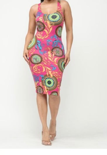 Multicolor Printed Bodycon Midi Dress